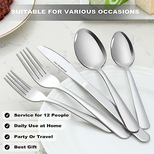 Bestdin Silverware Set for 12, 60-Piece Spoons and Forks Set, Food-Grade Cutlery Set, Stainless Steel Forks and Spoons Silverware Set, Flatware Sets Includes Knife/Fork/Spoon, Dishwasher Safe.