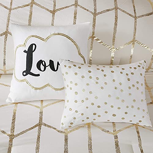 Intelligent Design Raina King / Cal King Comforter Set, Soft Microfiber Comforter Set King, Modern Geometric Metallic Bed Set, 5 Pieces College Bedding Comforter Set with 2 Shams, 2 Toss Pillows Ivory