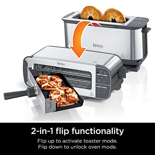 Ninja ST100 Foodi 2-in-1 Flip Toaster, 2-Slice Capacity, Compact Toaster Oven, Snack Maker, 1500 Watts, Stainless Steel