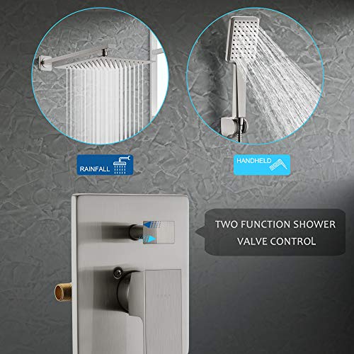 SOKA Shower Faucet Set Chrome 10 Inch Rainfall Shower Head And High Pressure Handheld Shower Head Rain Shower System Shower Trim Kit with Valve Pressure Balance Wall Mount Square Shower Combo Set
