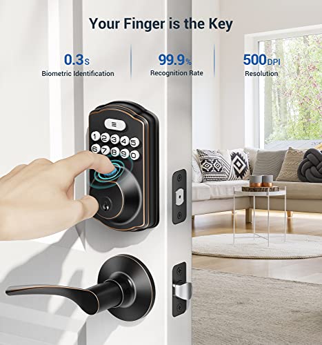 Veise Fingerprint Door Lock with 2 Lever Handles - Keyless Entry Door Lock with Handle, Electronic Keypad Deadbolt Front Door Lock Set, Auto Lock, 1 Touch Locking, Easy Installation, Oil Rubbed Bronze