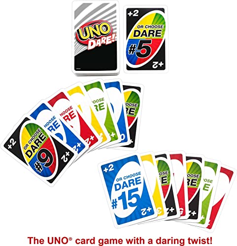 Mattel Games UNO Dare Card Game for Family Night Featuring Challenging and Silly Dares from 3 Different Categories