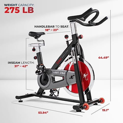 Sunny Health & Fitness Indoor Cycling Exercise Bike with Heavy-Duty 49 LB Chrome Flywheel, Stationary Bike with Customizable Comfort with 275 LBS. Max Weight - SF-B1002