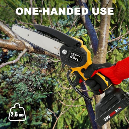 CKEVE Mini Chainsaw 6-Inch, Cordless Electric Chain Saw Battery Powered with Safety Lock for Garden Tree Trimming, 250W Motor, 2 Chains, 2 Rechargeable Battery 20V 2000mAh, Gloves Included, Orange