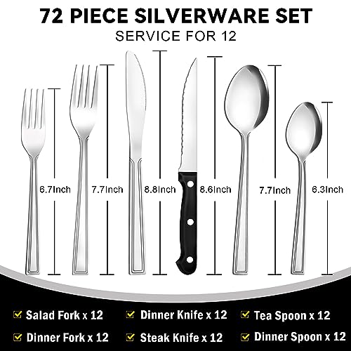 72-Piece Silverware Set with Steak Knives, Funnydin Forks and Spoons Silverware Set for 12, Food-Grade Stainless Steel Flatware Cutlery Set, Utensil Sets for Home Kitchen Restaurant, Dishwasher Safe