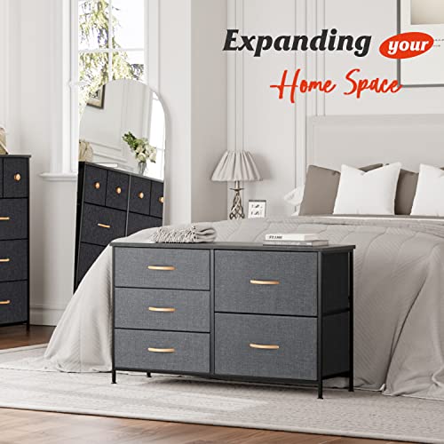 Nicehill Dresser for Bedroom with 5 Drawers, Storage Drawer Organizer, Wide Chest of Drawers for Closet, Clothes, Kids, TV Stand with Storage Drawers, Wood Board, Fabric Drawers(Black Grey)