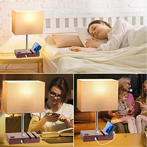 Dott Arts Bedside Lamp for Bedroom, Fully Dimmable Table Lamp with USB Ports, Small Table Lamps with Charging Station AC Outlet and Phone Stands Nightstand Lamp for Living Room(LED Bulb Included)