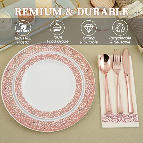 175 Piece Rose Gold Dinnerware Set 25 Guest-50 Rose Gold Lace Plastic Plates-25 Plastic Silverware-25 Plastic Cups-25 Linen Like Paper Napkins, FOCUSLINE Disposable Dinnerware Set
