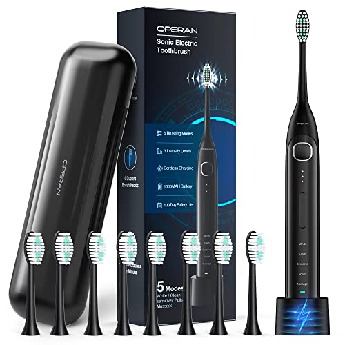 Operan Electric Toothbrush for Adults and Kids Sonic Rechargeable Toothbrush with 5 Modes 2-Min Smart Timer IPX7 Waterproof 40,000 VPM Motor with 8 Brush Heads & Travel Case Black