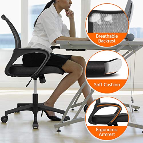 Yaheetech Office Chair Ergonomic Computer Chair Mid Back Adjustable Desk Chair with Lumbar Support Armrest, Swivel Mesh Task Gaming Chair for Home Office Work Study, Black