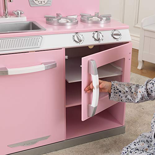 KidKraft Retro Wooden Play Kitchen and Refrigerator 2-Piece Set with Faucet, Sink, Burners and Working Knobs, Pink, Gift for Ages 3+