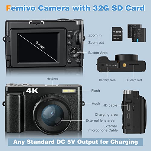 4K Digital Camera for Photography and Video Autofocus Anti-Shake, 48MP Vlogging Camera with SD Card, 3'' 180ยฐ Flip Screen Compact Camera with Flash, 16X Digital Zoom Travel Camera (2 Batteries)