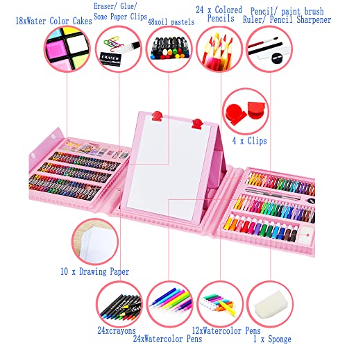 DLUCKY 208 PCS Art Supplies, Drawing Art Kit for Kids Adults Art Set with Double Sided Trifold Easel, Oil Pastels, Crayons, Colored Pencils, Watercolor Pens Gift for Girls Boys Artist,Blue