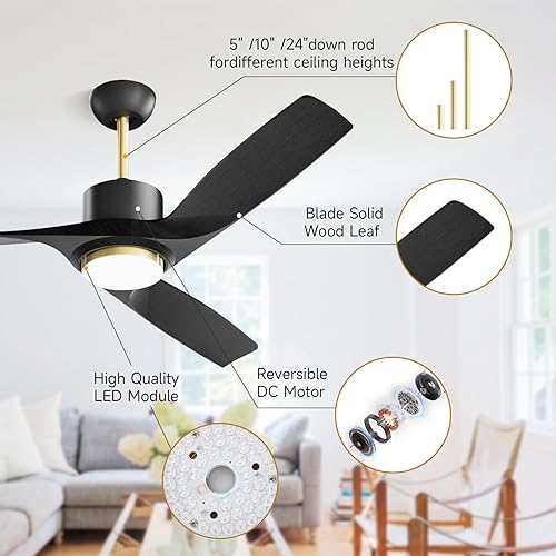 52 Inch Black Ceiling Fans with Lights Remote Control, Modern Large Outdoor Ceiling Fan with Dimmable LED Light, Reversible DC Motor, High CFM Outdoor Solid Wood Ceiling Fans for Patios Gazebo Bedroom