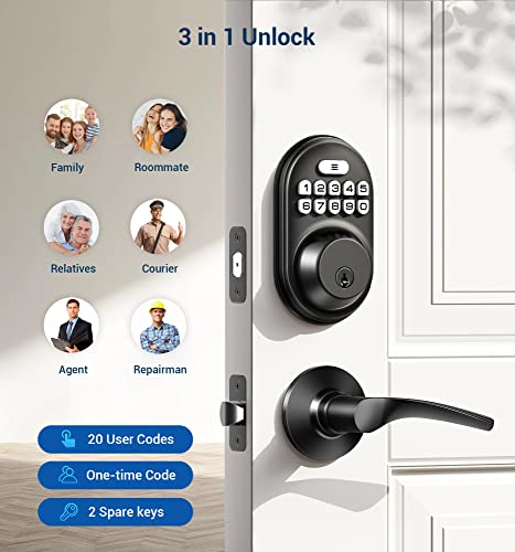 Veise Keyless Entry Door Lock with 2 Lever Handles - Electronic Keypad Deadbolt, Auto Lock, Back Lit & Easy Installation Design, Front Door Handle Sets,Matte Black