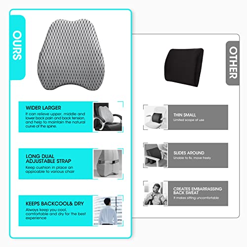 Bipintip Large Lumbar Support Pillow for Office Chair with Adjustable Strap and Washable Cover - Memory Foam Back Support for Back Pain Relief,Improve Posture,Desk Chair,Couch(Gray)