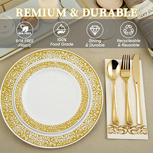 175 Piece Gold Dinnerware Set 25 Guest-50 Gold Lace Plastic Plates-25 Gold Plastic Silverware-25 Gold Plastic Cups-25 Linen Like Gold Paper Napkins, FOCUSLINE Disposable Dinnerware Set