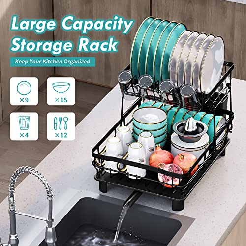 XILIDIA Dish Racks for Kitchen Counter, 2 Tier Dish Drying Rack with Drainboard, Large Capacity Dish Drainer with Utensil Holder and Extra Dish Drying Mat