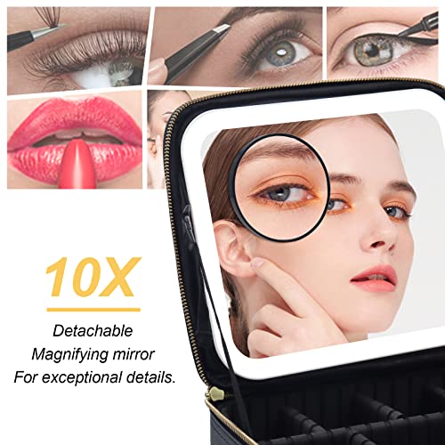 RRtide Travel Makeup Bag with Mirror of LED Lighted, Makeup Train Case with Adjustable Dividers, Makeup Case with Mirror and Detachable 10x Magnifying Mirror