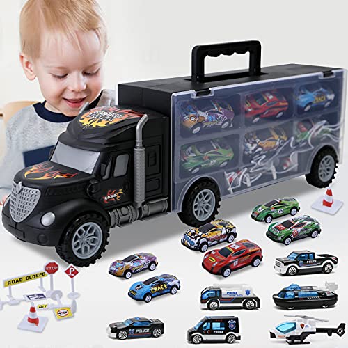 JODUDLR Toddler Toys for 3 4 Year Old Boys,Large Transport Cars Carrier Set Truck Toys with 12 Die cast Vehicles Truck Toys Cars,Ideal Christmas Easter Gifts Toys for Kids Age 3 7, One Size