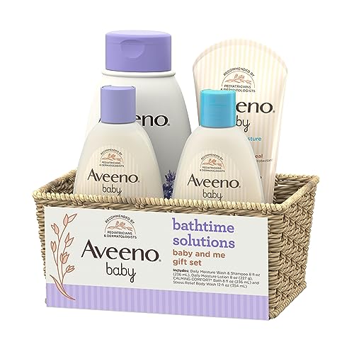 Aveeno Baby Bathtime Solutions Baby & Me Gift Set with Baby Wash & Shampoo, Calming Baby Bath & Wash, Baby Daily Moisturizing Lotion & Stress Relief Body Wash for Mom, Soap-Free, 4 items