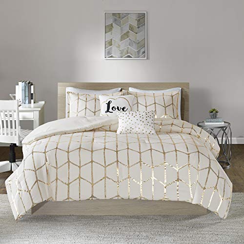 Intelligent Design Raina King / Cal King Comforter Set, Soft Microfiber Comforter Set King, Modern Geometric Metallic Bed Set, 5 Pieces College Bedding Comforter Set with 2 Shams, 2 Toss Pillows Ivory