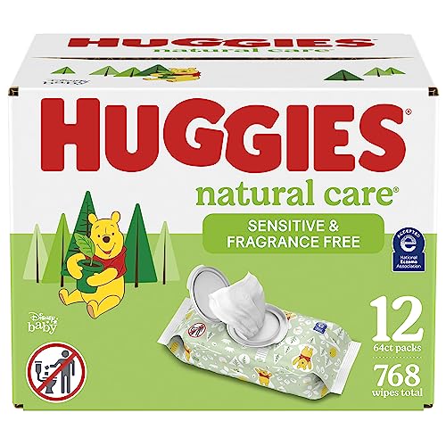 Baby Wipes, Huggies Natural Care Sensitive Baby Diaper Wipes, Unscented, Hypoallergenic, 64 Count (Pack of 12) Flip-Top Packs (768 Wipes Total)