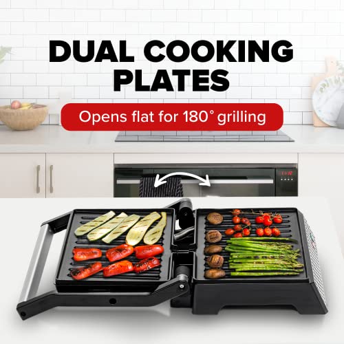 OVENTE Electric Indoor Panini Press Grill and Sandwich Maker with Non-Stick Coated Plates, Opens 180 Degrees to Fit Any Type or Size Food, Temperature Control and Removable Drip Tray, Silver GP0620BR