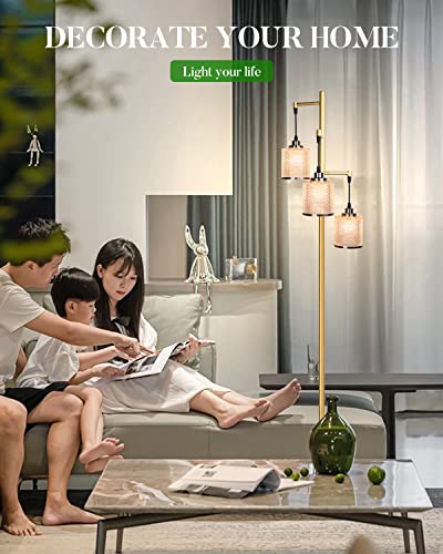 bulbeats 67IN Dimmable (Brightness Adjustable) Floor Lamp with 0%-100%, Floor Lamp with 3pcs LED Bulbs Included Plastic Shatterproof Lampshade Gold Mid-Century Modern Light for Living Room/Bedroom