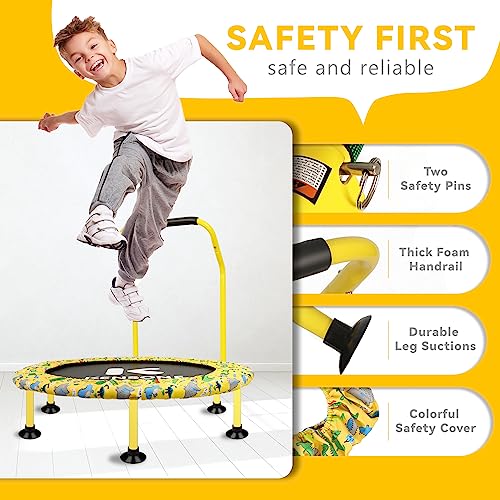 KENSONE 36" Mini Trampoline for Kids, Indoor Small Recreational Trampoline for Toddlers with Bungees, Foam Handle, Leg Suction Cups and Safety Bins, Yellow