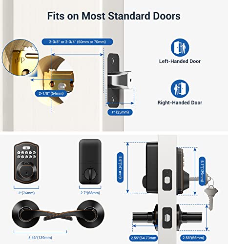 Veise Fingerprint Door Lock with 2 Lever Handles - Keyless Entry Door Lock with Handle, Electronic Keypad Deadbolt Front Door Lock Set, Auto Lock, 1 Touch Locking, Easy Installation, Oil Rubbed Bronze