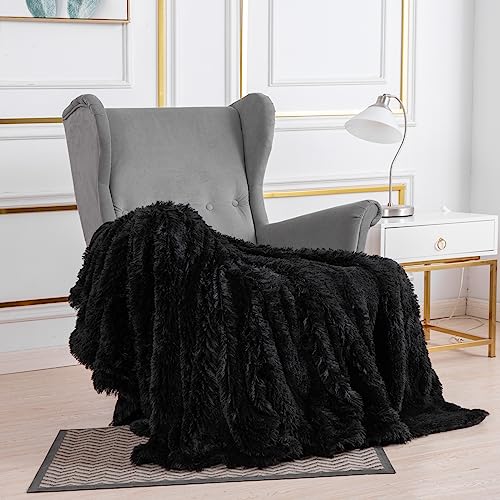 YUSOKI Black Faux Fur Throw Blanket,2 Layers,50" x 60", Soft Fuzzy Fluffy Plush Furry Comfy Warm Cozy Blanket for Couch Bed Chair Sofa Bedroom Mens Gift
