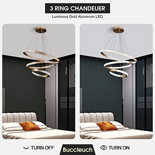 Buccleuch Dining Room Light Fixtures Over Table Gold Modern Chandelier Lighting LED 3-Ring for Living Room Kitchen Island Adjustable Cords 75W 6000K Dimmable