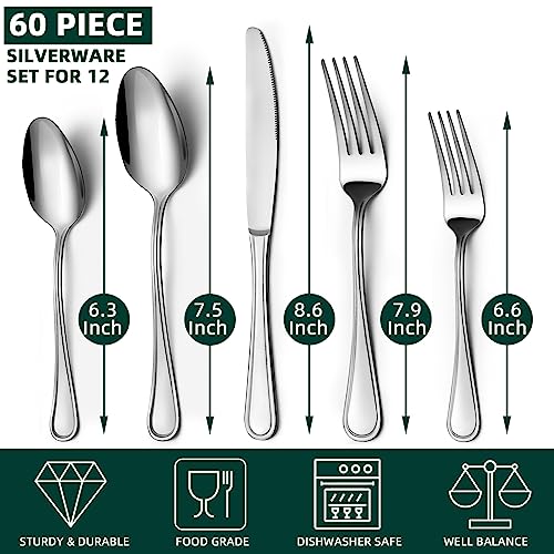 BEWOS 60-Piece Silverware Set, Stainless Steel Silverware Sets for 12, Forks Spoons and Knives Set, Cutlery Set, Mirror Polished Flatware Set, Dishwasher Safe Kitchen Utensils Set for Home, Restaurant