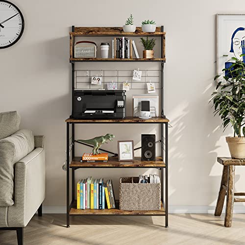 Bestier Kitchen Baker's Rack Coffee Station Microwave Oven Stand Kitchen Shelf with Hutch 8 Side Hooks Free Standing Utility Storage Shelf for Kitchen Dining Room Living Room