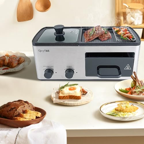 4 in 1 Breakfast Maker Station with Indoor Grill/Griddle/Toast Drawer/Frying Basket, Removable Nonstick Plates, Dual Temperature Control, Silver