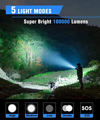 JAY-PARK Flashlights High Lumens Rechargeable, 100000 Lumen Super Bright LED Flashlight Powerful, Handheld USB-C Flashlights Zoomable, High Power Tactical Flash Light for Emergencies, Camping, Daily