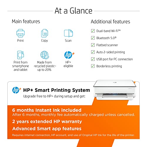 HP ENVY 6055e All-in-One Wireless Color Printer, with bonus 6 months free Instant Ink (223N1A), white