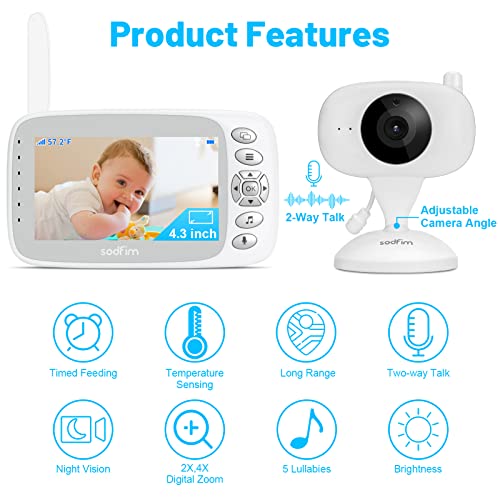 sodfim Baby Monitor with Camera and Audio 720P, 4.3" Baby Camera Monitor No WiFi, 4X Zoom, 1000FT Long Range, Night Vision 360° Rotation Wireless Video Baby Monitor