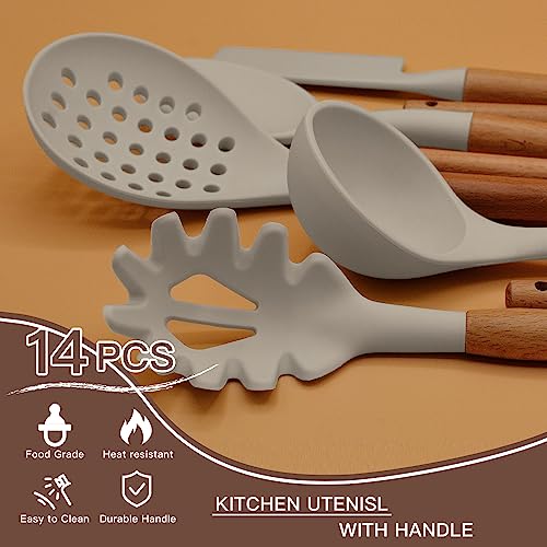 Kitchen Cooking Utensils Set, 14 Non-Stick Silicone Cooking Kitchen Utensils Spatula Set with Holder, Wooden Handle Silicone Kitchen Gadgets Utensil Set for Nonstick Cookware (Khaki)