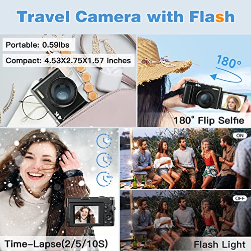 4K Digital Camera for Photography and Video Autofocus Anti-Shake, 48MP Vlogging Camera with SD Card, 3'' 180ยฐ Flip Screen Compact Camera with Flash, 16X Digital Zoom Travel Camera (2 Batteries)