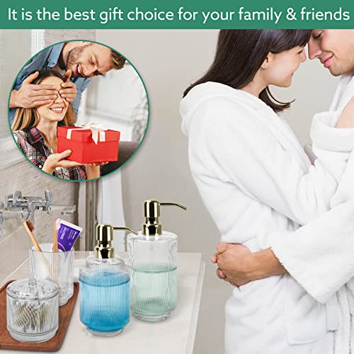 Bathroom Accessory Set,5 PCS Modern Premium Clear Glass Bath Accessories,Set of 2 Lotion Soap Dispensers,Toothbrush Holder,Qtip Holder & Acacia Wooden Tray,Gift for Home Decor & Countertop Organizer