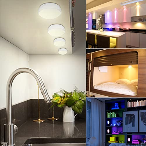 Puck Lights with Remote Control, 13 Colors 4 Lighting Mode Changeable RGB LED Under Cabinet Lighting,AA Battery Powered Push Night Lights 3M Stick-on,Under Counter Lighting With Timer Function(6 Pack)