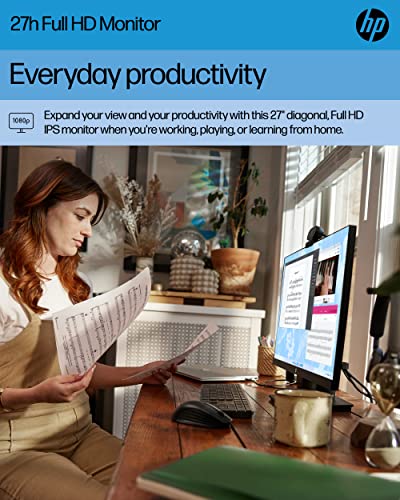 HP 27h Full HD Monitor - Diagonal - IPS Panel & 75Hz Refresh Rate - Smooth Screen - 3-Sided Micro-Edge Bezel - 100mm Height/Tilt Adjust - Built-in Dual Speakers - for Hybrid Workers