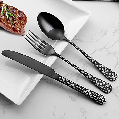 Black Silverware Set, YFBXG 20 Piece Black Sliverware Flatware Cutlery Set,Stainless Steel Black Utensil Set for 4,Knives and Forks and Spoons Sets With Patten Handle (Fan-shaped,Black)