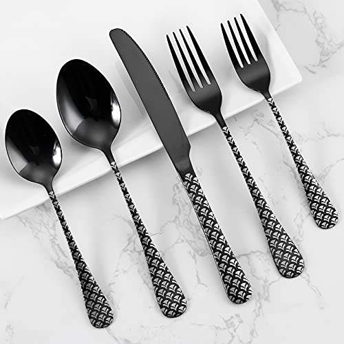 Black Silverware Set, YFBXG 20 Piece Black Sliverware Flatware Cutlery Set,Stainless Steel Black Utensil Set for 4,Knives and Forks and Spoons Sets With Patten Handle (Fan-shaped,Black)