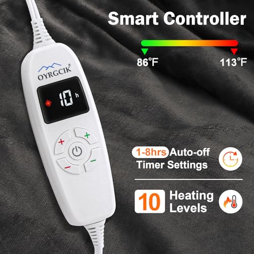 Heated Blanket Electric Throw, 50" x 60" Electric Blanket, 10 Heat Levels & 1-8hrs Timer Auto-Off, ETL Certified, Mashine Washable, Full Body Soft Flannel Sherpa Heating Blankets for Home Bed Office