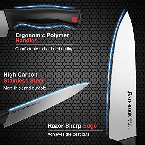 Knife Set, Astercook 21 Pieces Knife Sets for Kitchen with Block, Dishwasher Safe Santoku Knives with Built-in Sharpener, Black