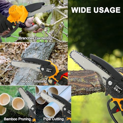CKEVE Mini Chainsaw 6-Inch, Cordless Electric Chain Saw Battery Powered with Safety Lock for Garden Tree Trimming, 250W Motor, 2 Chains, 2 Rechargeable Battery 20V 2000mAh, Gloves Included, Orange