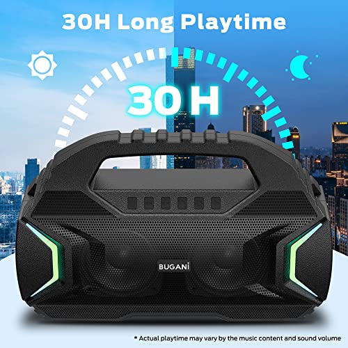 BUGANI Bluetooth Speakers with Wireless Microphone, Party Plus Wireless Portable Speaker with 60W Big Power Stereo Sound, 30H Playtime, Support Karaoke/TF/AUX/USB, Suitable for Party, Outdoor Speaker